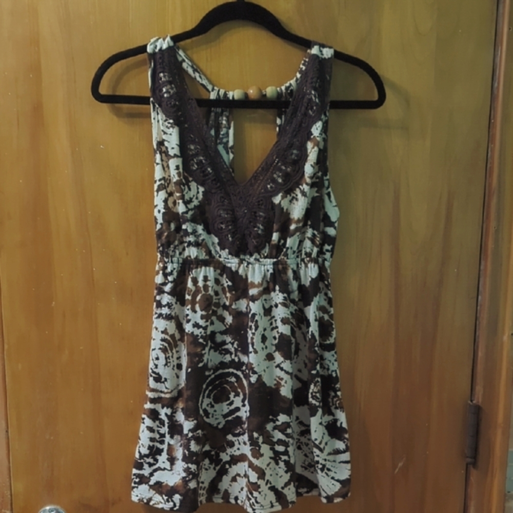 Brown and Cream Sleeveless Unic Top with Lace Detail